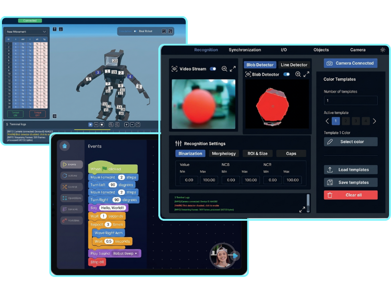 EdMechanics beginner software — block-based coding and camera settings